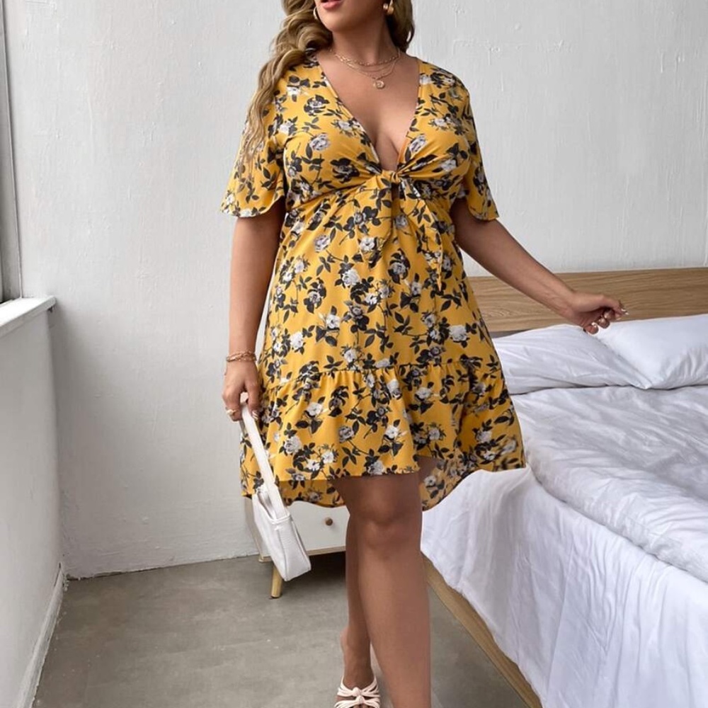 PLUS Floral Yellow Front Tie Ruffle Mini Dress - Picture 2 of 5